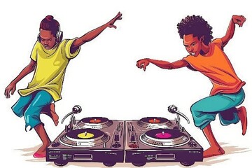 Poster - Cartoon illustration of children dancing with a DJ emphasizing fun music and playful interaction