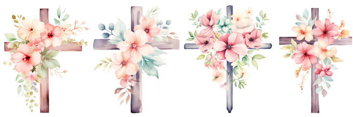 Wall Mural - Watercolor floral cross decorated with pink and peach flowers and green leaves, delicate and elegant design. Watercolor Clipart on Transparent Background.
