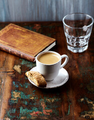 Wall Mural - Cup of coffee and Cantuccini (Italian cookie) on dark wooden background. Copy space.	