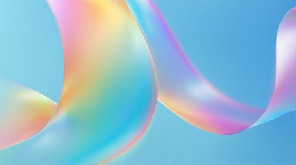 Fototapete - Prismatic Flow, An Iridescent Ribbon in Motion, A mesmerizing 3D render of a flowing iridescent ribbon against a soft blue background. The vibrant colors and smooth curves create a sense of elegance,