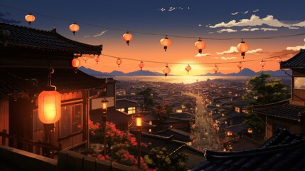 Wall Mural - Cityscape at night with lanterns casting warm orange glow on graphite colored buildings