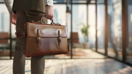Poster - Close-up of a businessman holding a leather briefcase in a modern office. Professional attire and corporate environment. Business and career concept
