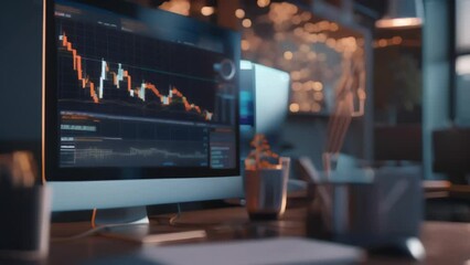 Poster - Modern trading desk with computer displaying stock market charts in a dimly lit office. Cozy workspace with office supplies and ambient lighting. Concept of financial analysis 