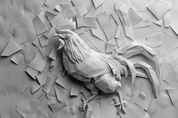 bass relief, grayscale, 3d, fighting rooster geometrical. Generative AI