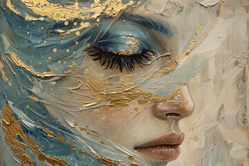 Wall Mural - fairy, gold and blue oil painting with thick brush strokes