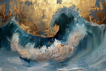 Wall Mural - abstract waves, gold and blue oil painting with thick brush strokes