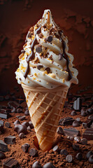 A soft serve ice cream cone with chocolate fudge sauce drizzled on top, delicious and delightful,