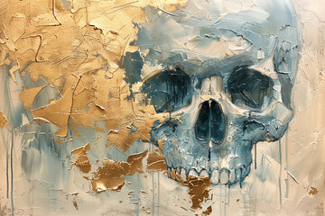 Wall Mural - skull, gold and blue oil painting with thick brush strokes