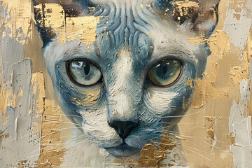 Wall Mural - cat, gold and blue oil painting with thick brush strokes