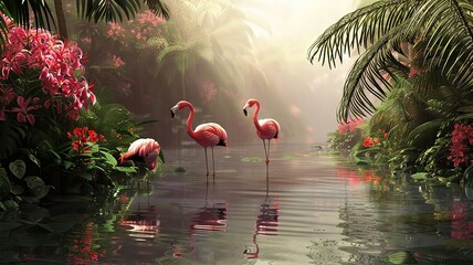 Serene Tropical Oasis with Flamingos at Sunrise