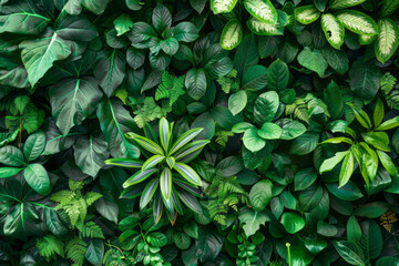 Beautiful nature background of vertical garden with tropical green leaf. Generative AI