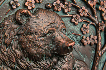 Bear, with plum blossoms in the background, petals falling. Generative AI