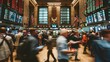 © Vitalii Shkurko - Blurred motion of traders and investors on a bustling stock exchange trading floor with numerous digital displays.