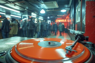 Poster - Close up of turntable and vinyl record in a retro themed nightclub setting with moody lighting