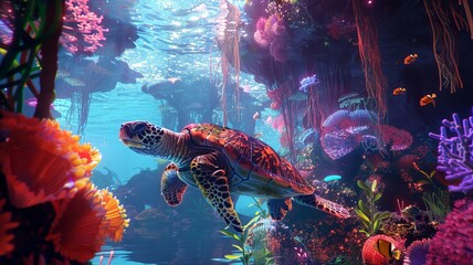 Wall Mural - Vivid Underwater Wonderland with Sea Turtle and Coral Reefs