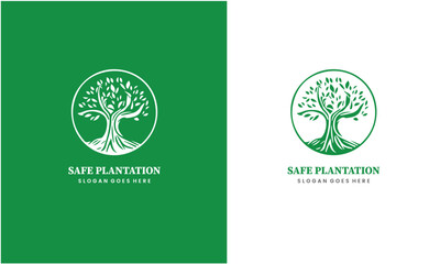 simple leaf line illustration circle logo for plantation design template vector.