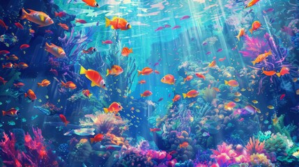 Colorful fish swimming in a vibrant coral reef, Digital painting, Anime style.