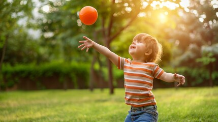 Happy child playing with a ball in a park