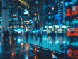 © Vitalii Shkurko - Urban night scene with glowing billboards and an overlay of financial data charts, creating a blend of technology and city life.