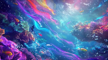 Vibrant Coral Reef Underwater Scene with Colorful Fish and Flowing Light Streaks