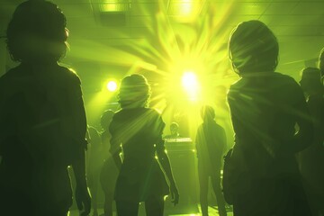 Canvas Print - Illuminated dancers enjoying a night out in a neon lit club with vibrant green lighting