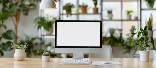 Wall Mural - A computer monitor sits on a desk in front of a potted plant by AI generated image