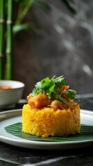 Wall Mural - A plate of golden fried rice topped with cilantro, resting on a banana leaf