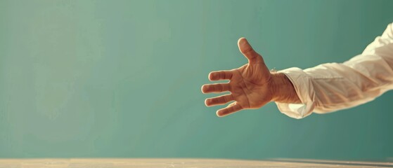 Poster -  Person extends hand to grab flying Frisbee against a blue wall backdrop