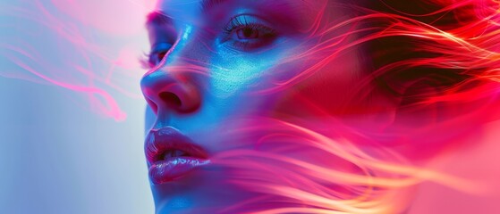 Canvas Print -  A tight shot of a woman's face with red, blue, and pink smoke emanating from it