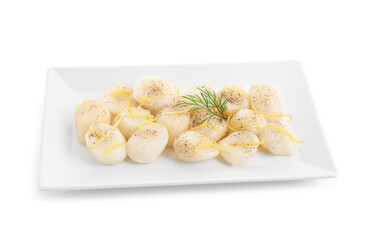 Poster - Raw scallops with milled pepper, dill and lemon zest isolated on white