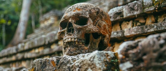 Poster -  A tight shot of a human skull statue against a stone wall Background consists of trees