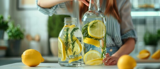 Sticker -  A woman poses before a table laden with lemons and a bottle of lemonade