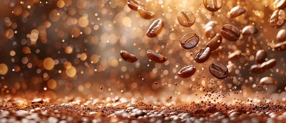 Poster -  A cluster of coffee beans spills onto a mound of beans on a weathered table, the surroundings hazy