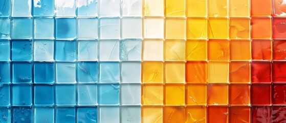  A detailed view of a mosaic-like wall formed by squares of various colored soap bubbles