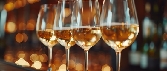 Canvas Print -  A row of wine glasses aligns atop a wooden table, adjacent to a wall adorned with wine bottles