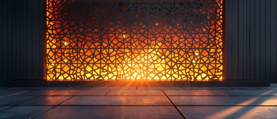 Wall Mural -  The sun passes through a decorative exterior screen, illuminating a wall of windows inside the building