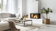 © ASA Creative - cozy living room interior, scandinavian interior with wooden table and fireplace