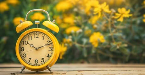 Yellow alarm clock on a wooden table with a blur background