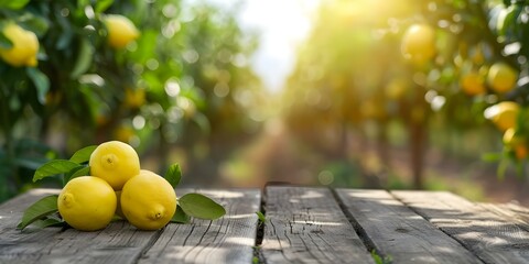 Wall Mural - Wooden Podium Adorned with Lemons and Herbs in a Sunny Orchard. Concept Outdoor Photoshoot, Lemons, Herbs, Wooden Podium, Orchard, Sunny