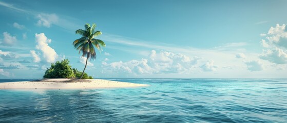 Wall Mural -  A mid-ocean island, featuring a solitary palm tree on one shore, and a minor islet on the opposite