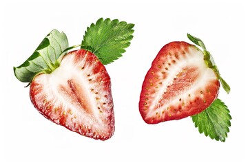 Wall Mural - strawberry cut in half with green leaves isolated on white background, clipart, png transparent background