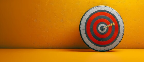 Wall Mural -  A tight shot of a bullseye against a yellow backdrop The bullseye features a black and white arrow at its center