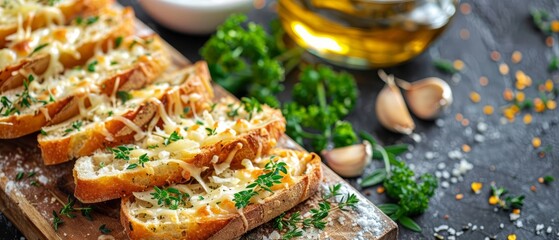 Wall Mural -  A wooden cutting board, topped with sliced bread and covered in cheese Sprinkle parmesan and parsley on top