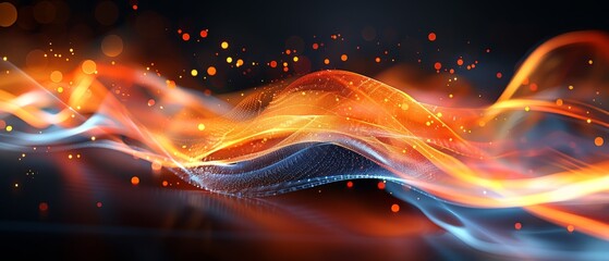 Poster -  A black background hosts an undulating wave of orange and blue light, punctuated by red and yellow lights
