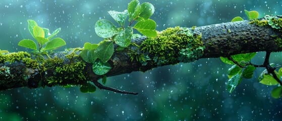 Wall Mural - rainfall, tree tops; mossy branch foreground