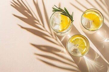 Two glasses of gin and sparkling water with lemon slices, rosemary sprigs and ice cubes on a light pastel background