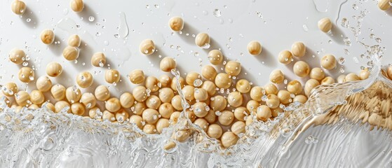 Wall Mural -  A tight shot of chickpeas in a heap on a pristine white backdrop, with droplets of water cascading down their sides