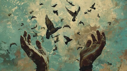 a painting of a hand with a bunch of birds flying around it generated by ai