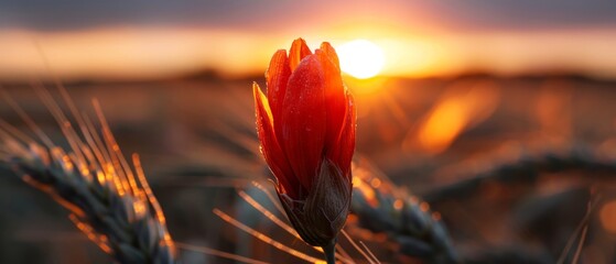 Wall Mural -  A red flower, tightly framed in close-up, blooms against the backdrop of a sunset The sun sinks behind the horizon, casting long shadows over the grassy field
