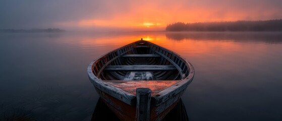 Wall Mural -  A boat atop tranquil water, enshrouded by foggy sky, sun sinking in distant horizon